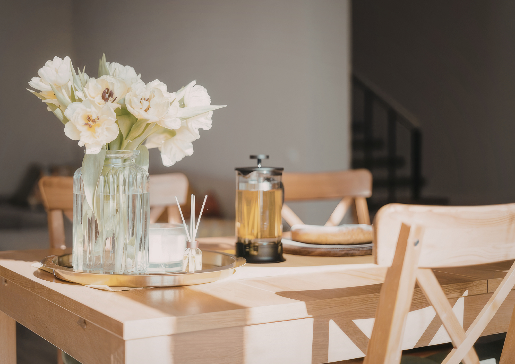 Warm dining room table with flowers